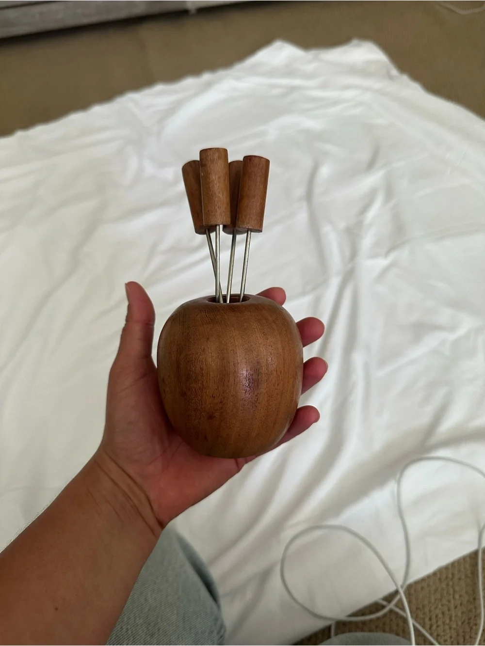 Wooden Apple Toothpick Holder with Picks - Brown